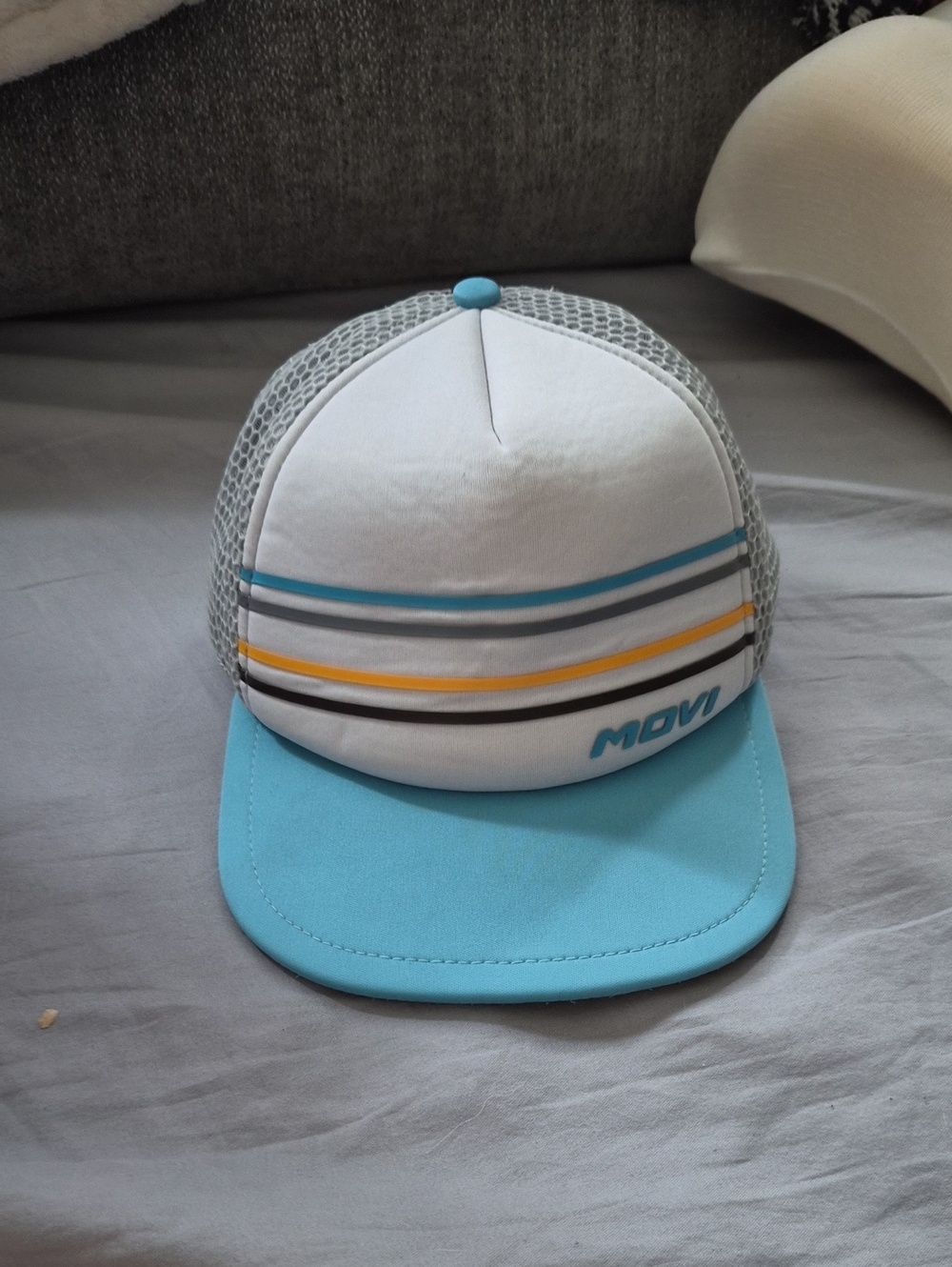 White & Light Blue Striped Trucker Hat - MOVO Logo